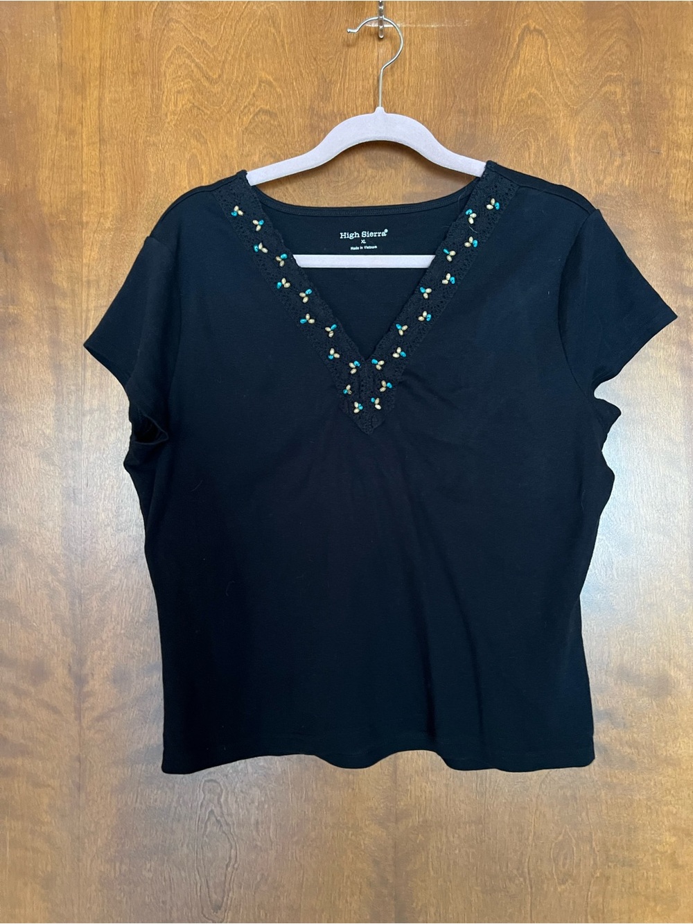 High Sierra Black Short-Sleeve V-Neck Top with Teal Bead Accents